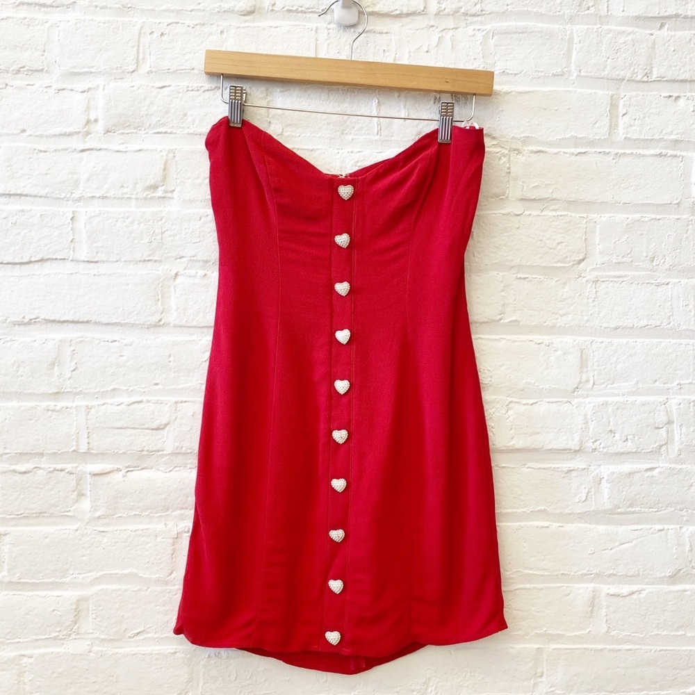 Reformation || Neve Strapless Mini Dress Sweetheart Heart Button Red‎ 0